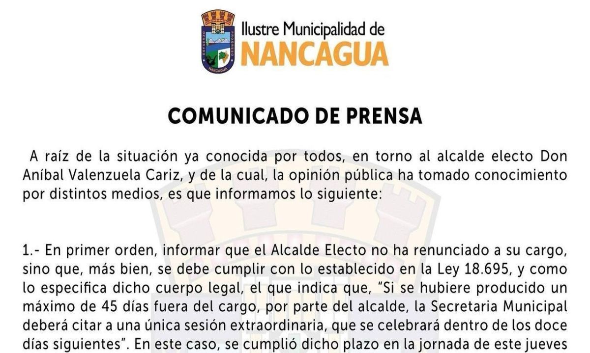 Nancagua:
Proceso para alcalde suplente en marcha
